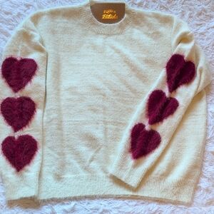 Cream Sweater with Red Heart Details On The Sleeve